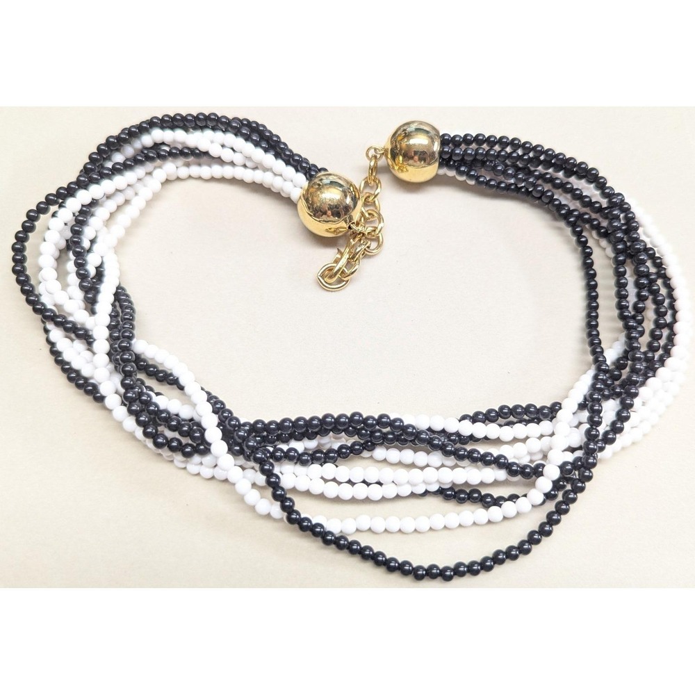 Vtg 21" Monet 10 Multi Strand Beaded‎ Necklace Black White Gold Tone Hook Clasp